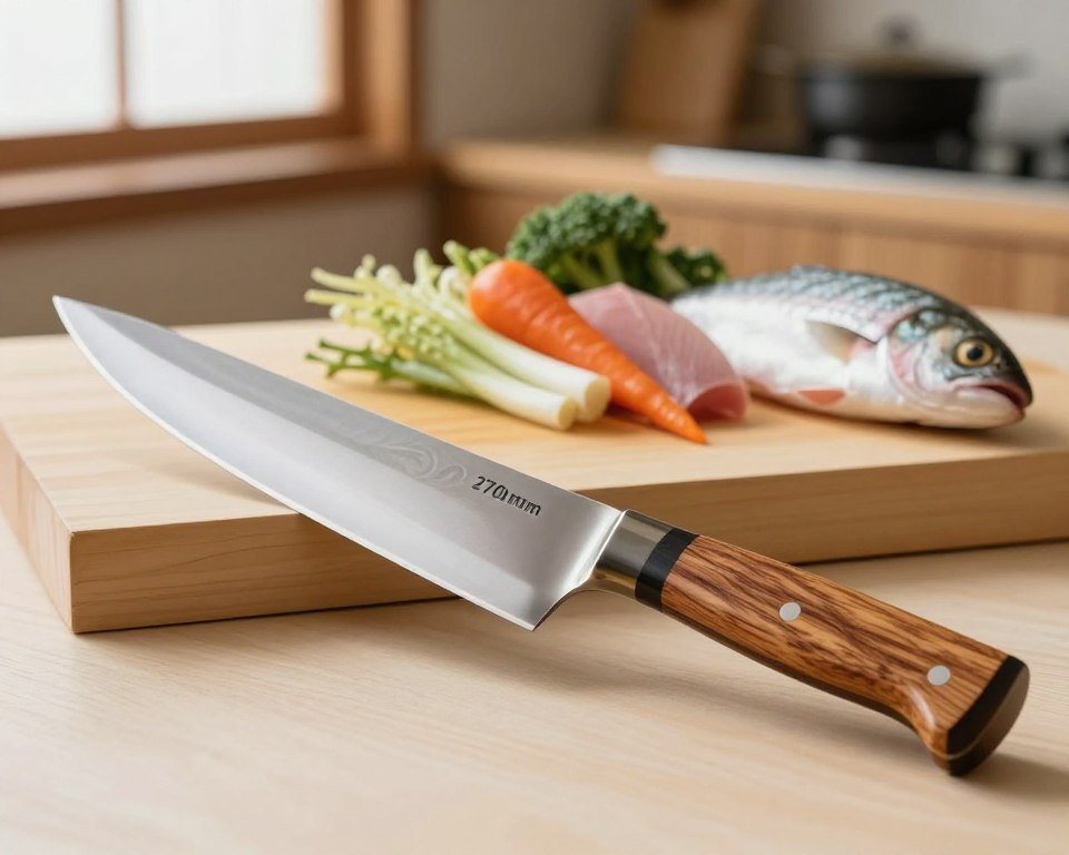 A beautifully crafted Sakai Takayuki Sujihiki knife, measuring 270mm, elegantly displayed as the focal point in the foreground. The knife features a gleaming, long, and slender blade with a distinctive hamaguri edge, capturing the intricate details of the craftsmanship. The handle is made of traditional Japanese magnolia wood, polished to a glossy finish and contrasted with subtle grain patterns. In the middle ground, a smooth cutting board showcases fresh ingredients: vibrant vegetables and pristine fish, emphasizing the knife's purpose. The background should be softly blurred, hinting at a warm, inviting kitchen setting illuminated by soft, natural light filtering through a nearby window. The atmosphere conveys a sense of precision and artistry, perfect for the discerning home chef.