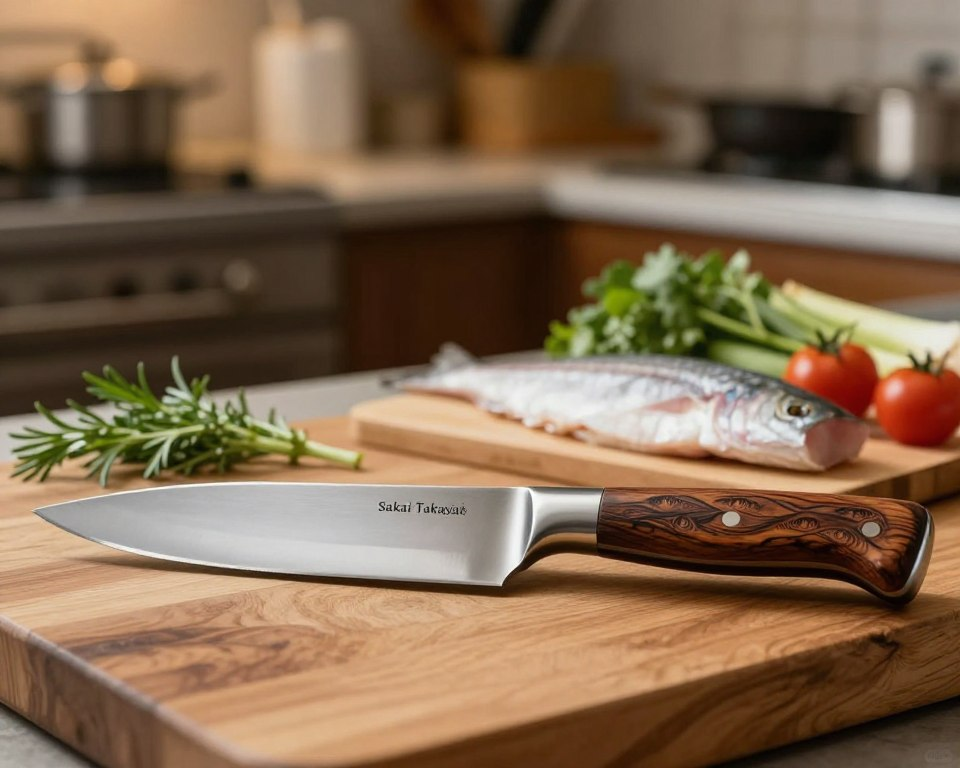 A beautifully crafted Sakai Takayuki boning knife lies prominently in the foreground, showcasing its stunning, polished steel blade and intricately carved wooden handle. The knife is positioned on a rustic wooden cutting board, emphasizing its culinary purpose. In the middle ground, fresh ingredients such as herbs, a fillet of fish, and vegetables add context to its use in food preparation. The background features a softly blurred kitchen setting with warm, inviting lighting, creating a cozy ambiance. The overall mood reflects professionalism and precision in culinary arts. The image is shot with a shallow depth of field, focusing sharply on the knife while gently blurring the surrounding elements to enhance the craftsmanship and utility of the boning knife.