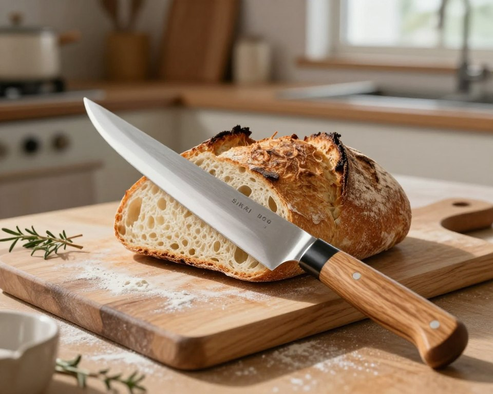 A beautifully crafted Sakai Takayuki bread knife, featuring a traditional Japanese design with a polished blade and a simple wooden handle, is poised at the forefront, slicing through a freshly baked artisanal loaf of crusty bread. The knife effortlessly glides through the golden-brown crust, revealing soft, fluffy interior textures. In the middle ground, the bread is displayed on a rustic wooden cutting board, surrounded by scattered flour and a few pieces of herbs for added aesthetic. Soft, warm natural light filters in from a nearby window, casting gentle shadows that enhance the inviting atmosphere. The background features a cozy kitchen setting, with hints of kitchenware and loaf molds subtly blurred to keep focus on the knife and bread. The overall mood is one of warmth, craftsmanship, and the joy of bread-making.