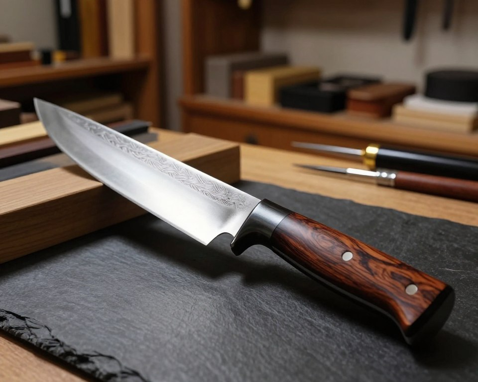 A beautifully crafted Sakai Takayuki left-handed knife, prominently displayed in the foreground, showcasing its intricate pattern-welded blade with a polished finish and an elegant wooden handle made from rich, dark mahogany. The knife rests on a softly textured, dark slate surface, emphasizing its craftsmanship. In the middle ground, glimpses of traditional Japanese tools and materials can be seen, hinting at the artisanal process behind its creation. The background features a warm, softly lit workshop, with wooden shelves holding various tools and raw materials, enhancing the atmosphere of skilled craftsmanship. The scene is illuminated by soft, ambient lighting that casts gentle shadows, creating a serene and focused mood, reminiscent of a craftsman’s dedication to their art. The angle is slightly elevated to capture both the knife and its surroundings beautifully.