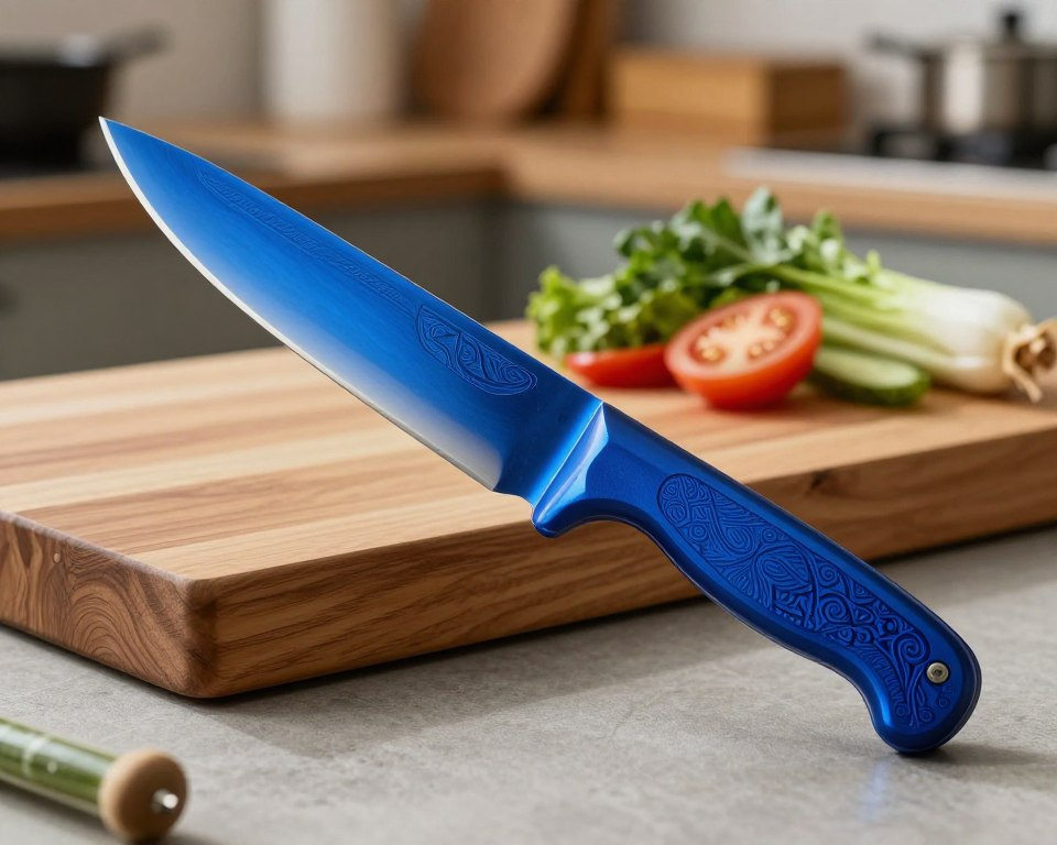 A beautifully crafted blue paper super steel knife displayed prominently in the foreground, showcasing its rich, deep blue hues and finely polished edge. The blade gleams under soft, diffused light, highlighting the intricate patterns that reflect its exceptional craftsmanship. In the middle ground, an elegant wooden cutting board adds warmth and context, with a few fresh vegetables artfully arranged beside the knife, emphasizing its practicality. The background features a blurred kitchen setting, with traditional Japanese tools, creating an atmosphere of artistry and professionalism. The overall mood is serene and sophisticated, inviting the viewer to appreciate the craftsmanship and beauty of the blue paper super steel. Use a macros lens with natural lighting to create a soft focus effect on the background, enhancing the subject's prominence.