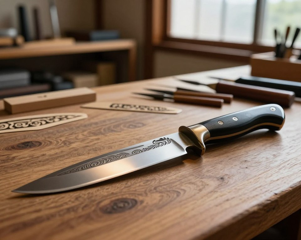 A beautifully crafted custom knife lies on a polished wooden workbench, showcasing intricate engravings of traditional Japanese patterns along the blade. The foreground features the knife prominently, with a glimmering edge reflecting soft, warm light that accentuates its sharpness and craftsmanship. In the middle, various engraving tools and examples of engraved designs are scattered, hinting at the artistry involved in knife personalization. The background is softly blurred, highlighting a traditional Japanese workshop setting with wooden shelves lined with knife-making supplies and tools. Natural light streams through a window, creating a serene and focused atmosphere, inviting viewers to appreciate the skill and dedication behind Sakai Takayuki engravings. The mood is one of elegance and mastery, emphasizing the precision required in selecting the right knife for customization.