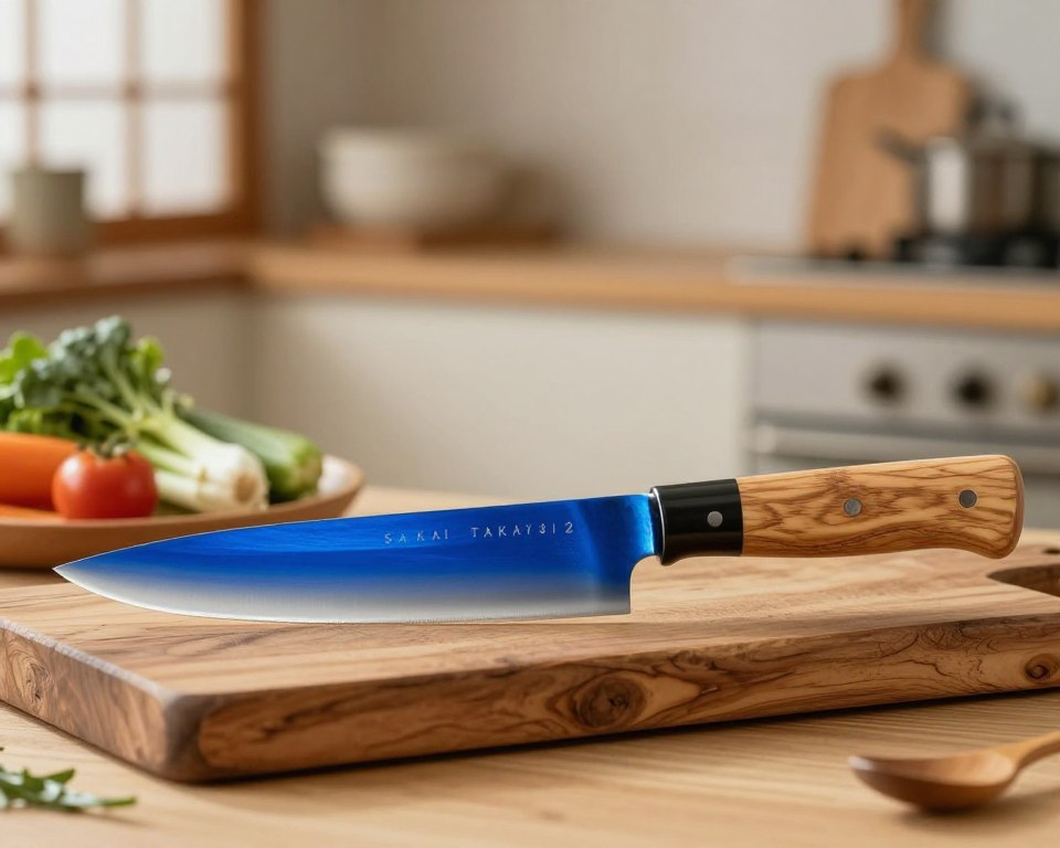 A beautifully crafted handmade Japanese knife, emphasizing the Sakai Takayuki Blue 2's elegant blade design with a distinctive blue hue, glistening under soft, warm light. The knife should be positioned prominently in the foreground, showcasing its sharp edge and traditional craftsmanship, with a subtle wood grain handle that highlights the artisanal quality. In the middle ground, place a rustic wooden cutting board, adorned with fresh, vibrant vegetables, hinting at culinary possibilities. The background should be softly blurred with a home kitchen setting, featuring traditional Japanese decor elements to evoke authenticity. The atmosphere is serene yet inviting, capturing the essence of culinary artistry for home chefs. Aim for a clean composition with natural lighting to bring out the knife's details without distractions.