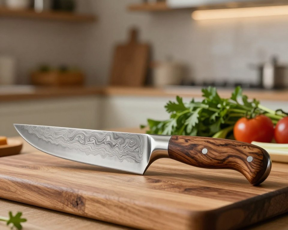 A beautifully crafted handmade kitchen knife, featuring a Damascus steel blade with intricate patterns, glistening under warm, soft lighting. The knife’s elegant wooden handle, made of rich, dark walnut, showcases smooth curves and a polished finish that highlights its craftsmanship. In the foreground, the knife rests on a rustic wooden cutting board, accentuating its utility and artistry. The middle ground includes fresh herbs and a variety of vegetables, hinting at its purpose in food preparation. The background is softly blurred, with hints of a modern kitchen with wooden shelves, evoking a cozy and inviting atmosphere. Capture this scene from a slightly elevated angle to emphasize the knife's features and the handcrafted details, inviting viewers to appreciate the perfect blend of beauty and function.