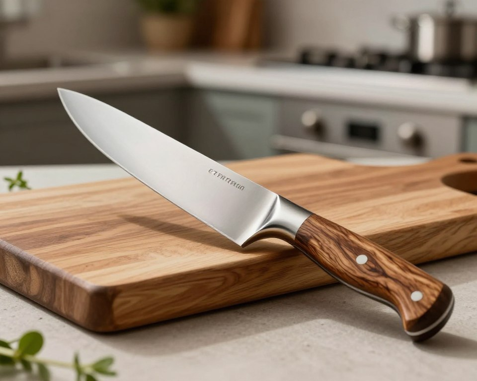 A beautifully crafted premium kitchen knife, featuring a 270mm blade with a sleek silhouette and precision edge, is prominently displayed in the foreground. The knife should have a polished steel finish, reflecting light to emphasize its premium quality, with an ergonomic wooden handle showcasing fine grain details. In the middle ground, a high-end wooden cutting board is softly lit, complementing the knife's elegance. The background should include subtle textures of a modern kitchen environment, with blurred elements like stainless steel appliances and soft-focus herbs to evoke a culinary atmosphere. The entire scene is illuminated with warm, natural lighting, creating a sophisticated and inviting mood, captured from a low angle to highlight the knife's craftsmanship.