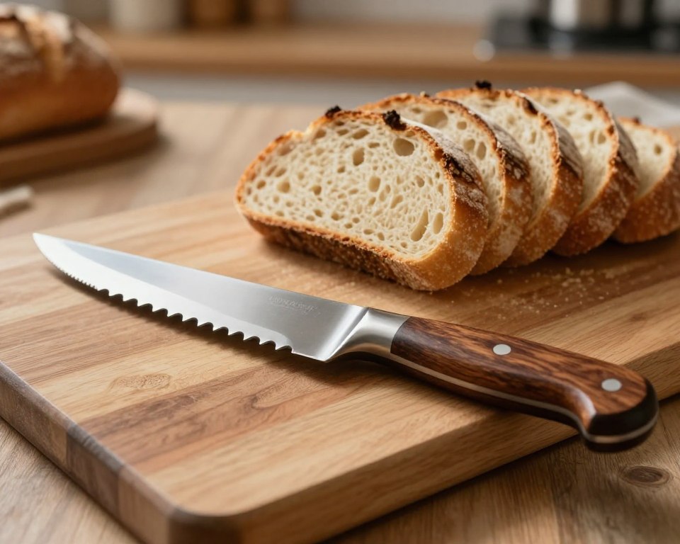 A beautifully crafted serrated bread knife rests on a rustic wooden cutting board, showcasing intricate detailing of its blade and a polished ergonomic handle made of rich, dark wood. The foreground captures the knife centered and slightly angled to highlight its serrated edge, gleaming under soft, natural light that enhances the stainless steel’s shine. In the middle ground, freshly sliced artisan bread with a golden crust presents inviting, fluffy interiors, partly arranged in a casual yet organized manner. In the background, a blurred kitchen setting with warm wood tones and subtle décor evokes an atmosphere of home-baking comfort. The lighting is warm and inviting, creating a cozy mood that inspires the art of bread-making.