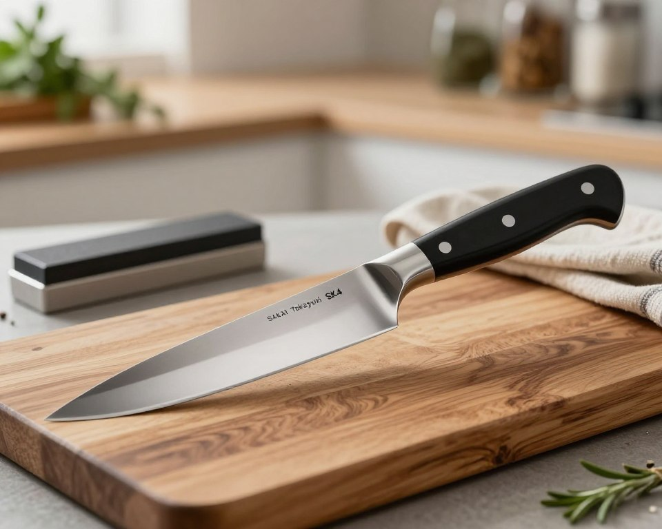 A beautifully crafted sharp edge knife, showcasing the Sakai Takayuki SK4 Gyuto knife, with its polished blade glinting under soft, natural light. The foreground displays the knife dramatically angled on a rustic wooden cutting board, highlighting its sleek design and craftsmanship details, such as the intricately designed handle and distinctive blade curve. In the middle, subtle kitchen tools, including a whetstone and a cloth, suggest care and maintenance. The background is softly blurred, featuring a cozy kitchen setting with herbs and spices, creating an inviting atmosphere. The composition is shot from a slightly elevated angle to enhance the knife's profile while maintaining a warm, professional mood.