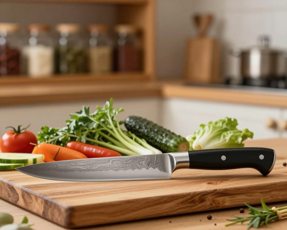 A beautifully designed Sakai Takayuki tall bunka knife resting on a rustic wooden cutting board. In the foreground, the knife features a polished Damascus steel blade with intricate patterns, reflecting the light softly. Beside it, fresh vegetables and herbs are artistically arranged, showcasing its versatility in a culinary setting. The background has a soft-focus kitchen environment with warm lighting, highlighting a wooden shelf filled with jars of spices. The atmosphere is inviting and warm, evoking a sense of craftsmanship and culinary mastery, inviting viewers to appreciate the quality and function of the knife. The image should be captured with a shallow depth of field to emphasize the knife in the foreground while maintaining a cozy kitchen vibe.