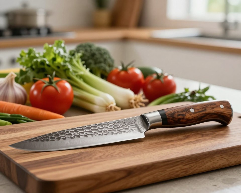 A beautifully detailed Sakai Takayuki hammered Damascus knife resting on a polished wooden cutting board in the foreground, showcasing its unique wavy pattern and sharpness. The knife's handle is made from rich, dark wood, highlighting craftsmanship. In the middle ground, a vibrant array of fresh ingredients such as vegetables and herbs adds color and life to the scene. The background features a softly blurred kitchen setting with natural light filtering in, creating a warm, inviting atmosphere. The scene is shot from a slightly elevated angle, emphasizing the knife's elegance and positioning it as the centerpiece. The overall mood is one of refined culinary art and the joy of cooking, reflecting the exceptional craftsmanship of Sakai Takayuki knives.