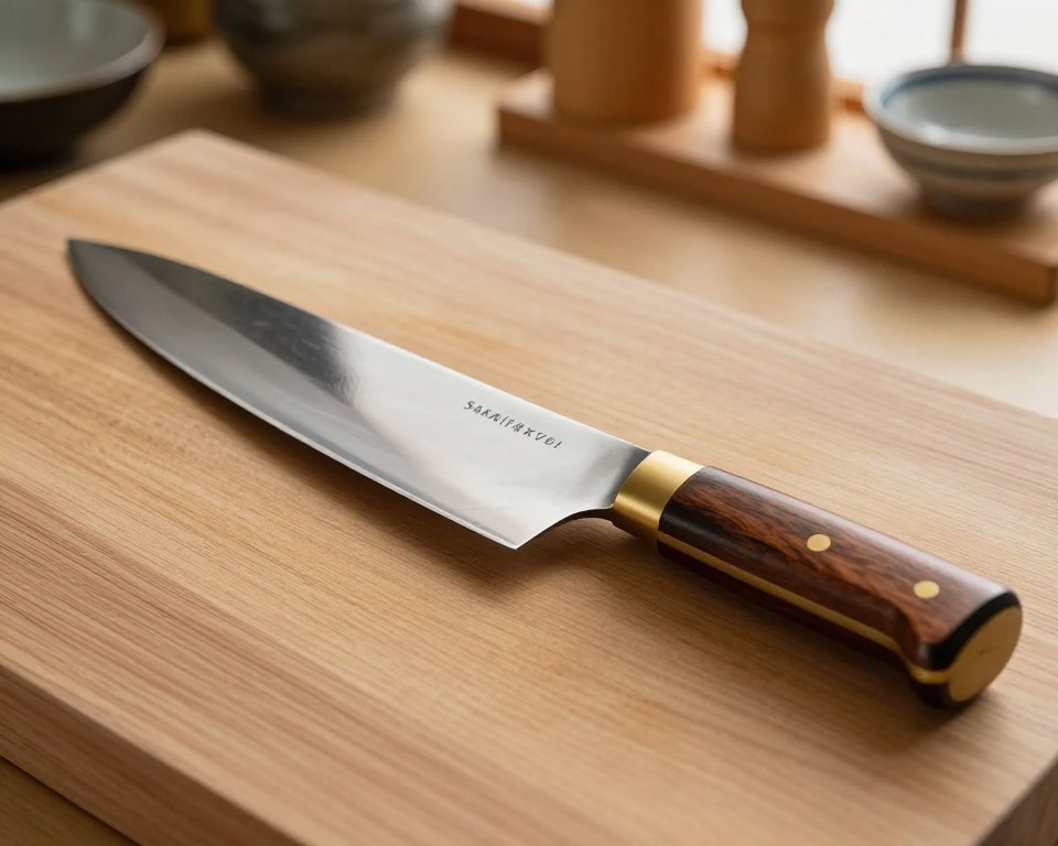 A beautifully handcrafted Japanese kitchen knife, the Sakai Takayuki Aogami Super Blue Santoku, displayed prominently in the foreground against a polished wooden cutting board. The knife features a striking blade with a mirror finish and subtle swirling patterns, reflecting the dedication of the artisan. The handle, made from rich woods, is ergonomically shaped with brass accents, adding elegance and functionality. Soft, natural lighting gently illuminates the scene, casting delicate shadows that enhance the knife's contours. In the background, a blurred kitchen setting reveals traditional Japanese culinary tools, creating an atmosphere of authentic craftsmanship and culinary expertise. The overall mood is serene and respectful, inviting admiration for the artistry behind this versatile kitchen knife.