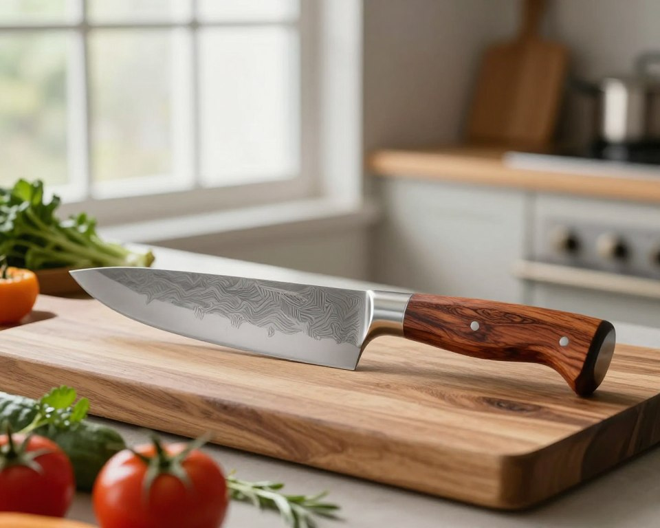 A beautifully handcrafted Sakai Takayuki 210mm Gyuto knife, showcasing its elegant blade with a polished finish and distinctive Damascus pattern, rests on a rustic wooden cutting board. The knife's handle, made from rich rosewood, exhibits fine craftsmanship with intricate detailing and a seamless transition to the blade. In the foreground, fresh ingredients like vibrant vegetables and aromatic herbs create a colorful tableau, emphasizing the knife’s culinary purpose. The middle ground features soft, diffused natural light from a nearby window, creating gentle shadows that enhance the textures of the wood and metal. The background remains slightly blurred, filled with hints of a cozy kitchen setting, adding warmth and inviting atmosphere, reflecting the passion behind the art of cooking.