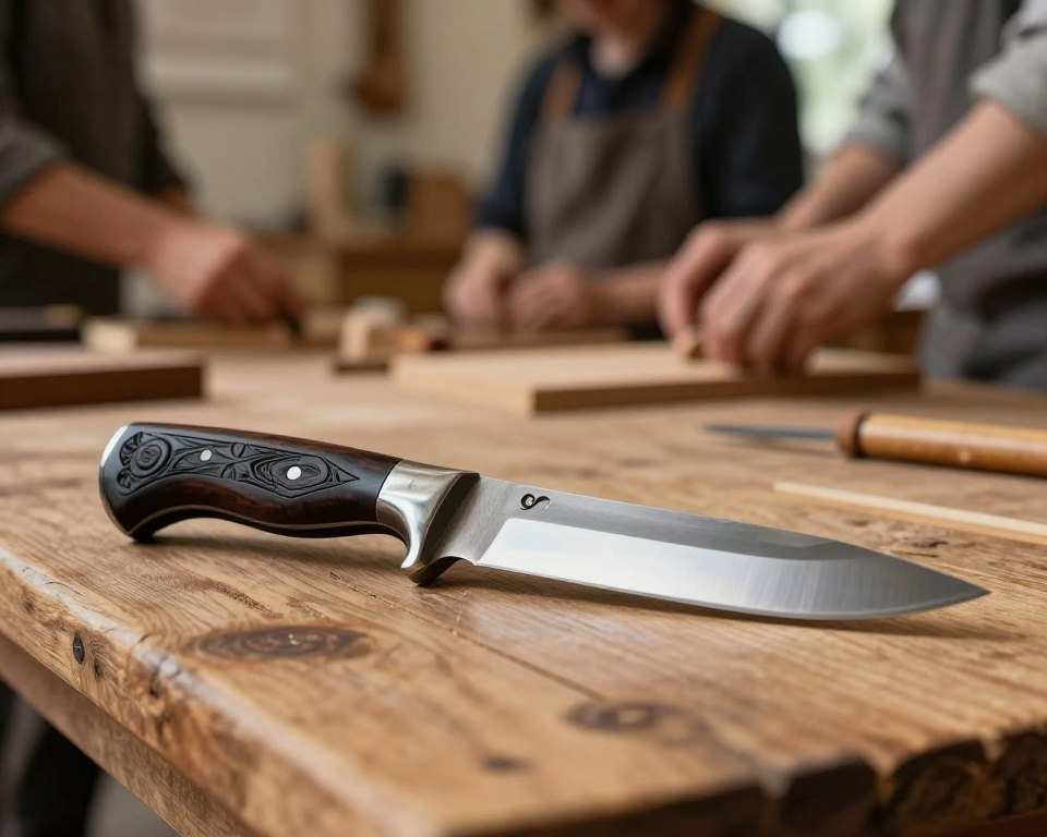 A beautifully handcrafted knife displayed on a rustic wooden table. The knife features an intricately carved handle made from polished ebony, and a razor-sharp, gleaming stainless steel blade that reflects soft natural light. In the foreground, focus on the knife, showcasing its fine details, including the craftsmanship and unique design elements. In the middle ground, include subtle elements of a community gathering, like blurred hands engaged in woodworking, suggesting interaction and creativity. The background features a cozy workshop with warm lighting, enhancing the inviting atmosphere of craftsmanship and community involvement. Capture a warm, engaging tone that conveys a sense of artisanship and community spirit, using a soft-focus lens effect to emphasize the knife while providing a hint of the lively event behind it.