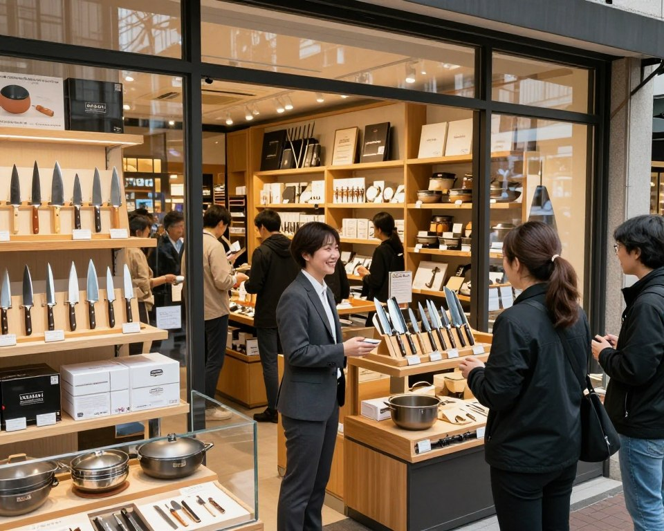 A bustling Sakai Takayuki store location in the United States, showcasing an inviting exterior with large glass windows displaying premium chef knives and cookware. In the foreground, a smiling salesperson wearing a professional business attire greets customers. The middle layer features shelves filled with various Sakai Takayuki products, well-organized and artistically lit to highlight their craftsmanship. In the background, customers browse and interact with the products, creating a sense of community and enthusiasm. The scene is illuminated by warm, natural lighting, evoking a welcoming atmosphere. Capture this vibrant setting from a slightly elevated angle, emphasizing the depth of the store and the diversity of products available.