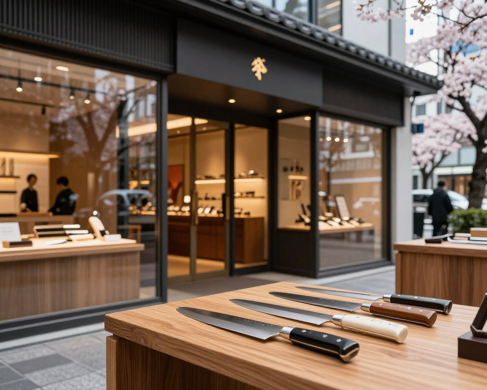 A charming view of the Sakai Takayuki Store in Tokyo, showcasing an elegant, contemporary façade that highlights traditional Japanese craftsmanship. In the foreground, a polished wooden display table holds an array of exquisite knives, each with unique designs and details. The middle ground features the store's inviting entrance, framed by large glass windows reflecting the bustling Tokyo streets. Soft, warm lighting illuminates the interior, accentuating the fine materials used in the store’s design. In the background, the cityscape blends with cherry blossom trees, hinting at seasonal beauty. The atmosphere is serene and welcoming, capturing the essence of artisanal skill in a modern setting. The photograph is taken from a slightly elevated angle, using a shallow depth of field to create focus on the knives while gently blurring the vibrant urban life beyond.