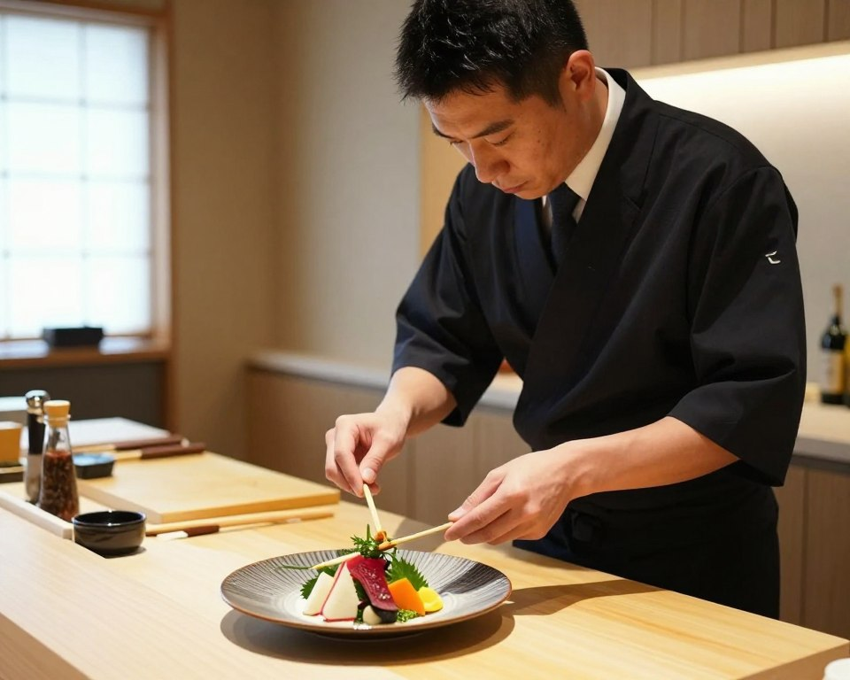 A chef in a modern Japanese kitchen, expertly demonstrating the use of a Moribashi. The chef, dressed in professional business attire, focuses intently on maneuvering the long, thin bamboo skewers, showcasing a delicate dish being prepared. In the foreground, a beautifully arranged plate with vibrant, fresh ingredients accentuates the Moribashi technique. The middle ground features a sleek countertop with various kitchen tools and spices, emphasizing a professional cooking environment. In the background, soft natural light streams through a nearby window, creating a warm, inviting atmosphere. The angle is slightly elevated, capturing the chef's concentration and the intricate details of the dish, while maintaining a clean, minimalist aesthetic. The mood is focused and artistic, reflecting mastery in culinary techniques.