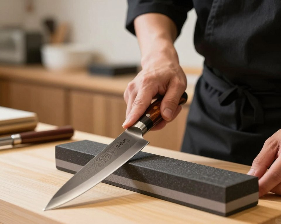 A close-up composition of a Sakai Takayuki 180mm Gyuto knife being sharpened on a whetstone. In the foreground, the knife gleams with precision and craftsmanship, exhibiting intricate patterns on the blade. The knife handle, made of rich, dark wood, contrasts beautifully with the metallic blade. In the middle ground, a skilled hand, clad in a professional black apron, expertly angles the blade against the whetstone, capturing the movement and technique of sharpening. The background features a well-organized kitchen space with soft, diffused lighting highlighting the scene’s elegance. Use a shallow depth of field to bring focus to the knife and sharpening action while creating a warm, inviting atmosphere that emphasizes care and skill in knife maintenance.