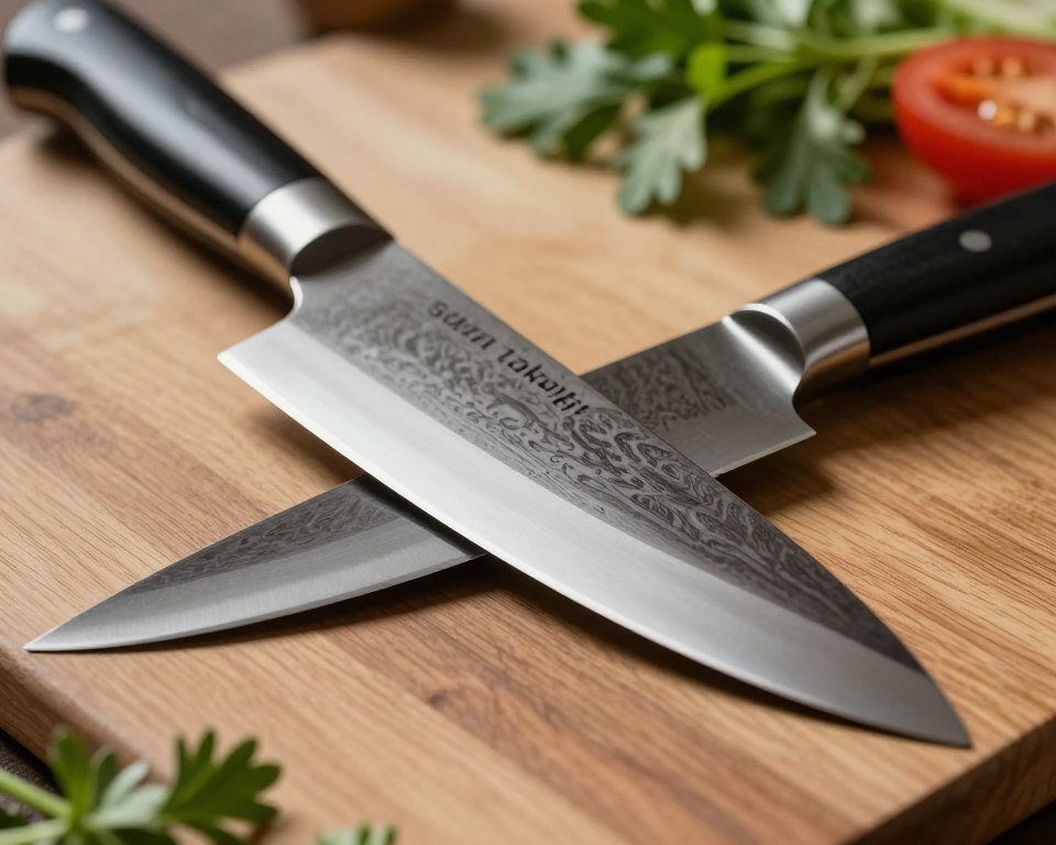 A close-up image of a Sakai Takayuki knife showcasing its distinctive Kurouchi finish, highlighting the beautiful dark, textured surface that contrasts with the sharp, polished edge. The knife should be positioned on a wooden cutting board with subtle grain patterns, accompanied by fresh ingredients like herbs and vegetables in soft focus. Natural light should create gentle highlights on the blade, enhancing its craftsmanship while casting soft shadows for depth. The background should remain blurred, featuring warm, earthy tones to evoke a cozy kitchen atmosphere. The overall mood should convey a sense of precision and artistry in Japanese knife-making, capturing the essence of the Kurouchi finish.