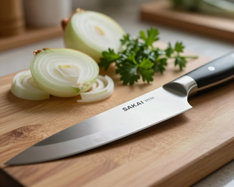 A close-up image of a sleek Sakai Takayuki Inox knife, prominently displayed on a textured wooden cutting board. The blade gleams under soft, diffused natural lighting, highlighting its sharp edge and polished finish. In the foreground, there are subtle signs of wear, such as minor scratches and discoloration on the blade, indicating durability issues noted by users. In the middle ground, fresh vegetables like a chopped onion and parsley rest beside the knife, suggesting regular kitchen use. The background features a blurred, warm-toned kitchen setting that conveys a cozy, homely atmosphere. The focus is on the knife's craftsmanship and practical imperfections, inviting viewers to ponder its real-world performance.