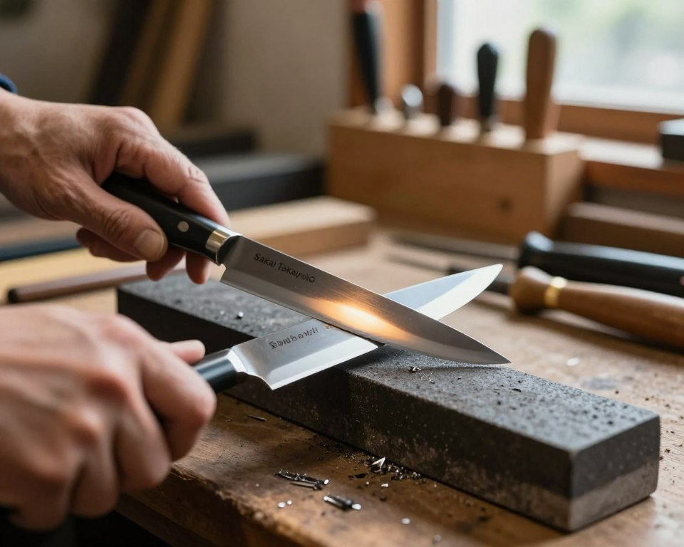 A close-up image of high carbon steel knives being meticulously sharpened on a traditional whetstone. In the foreground, a skilled craftsman’s hands guide a finely crafted Sakai Takayuki knife, its gleaming blade reflecting ambient light, showcasing the exquisite craftsmanship and detailing of the steel. The middle ground features the textural details of the whetstone, partly worn from use, with fine metal shavings scattered around. In the background, a softly blurred workshop environment, filled with wooden tool racks and natural light filtering through a window, creates a warm and inviting atmosphere. The scene is illuminated with soft, natural lighting, highlighting the sharpness of the blade and the intricate craftsmanship. The angle should suggest depth and focus on the knife, capturing both the artistry and the practicality of knife maintenance.