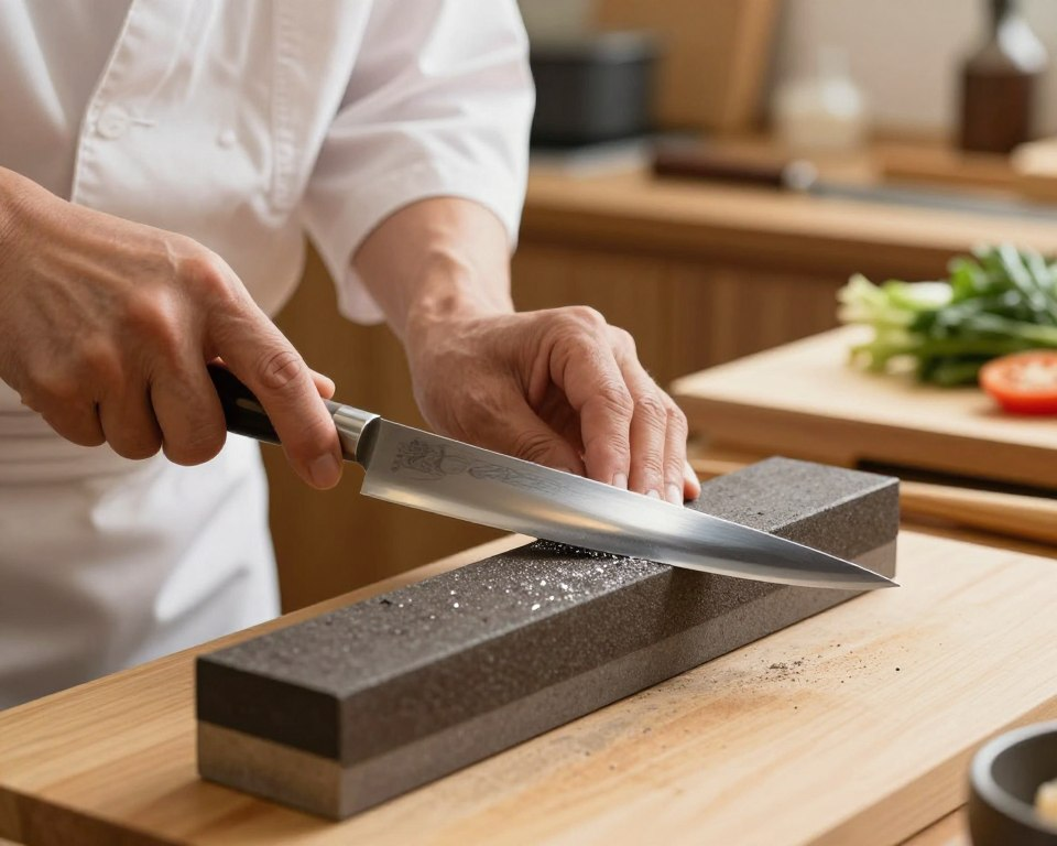 A close-up of a skilled artisan sharpening a Sakai Takayuki Tall Bunka knife on a traditional whetstone. The artisan, wearing a simple, professional outfit, is focused and precise, showcasing the importance of maintenance in culinary arts. In the foreground, the gleaming blade of the knife catches the light, reflecting intricate patterns on the steel. The middle layer features the textured surface of the whetstone, with particles of metal glistening as the sharp edge meets the stone. The background includes a softly blurred kitchen setting with wooden cutting boards, fresh vegetables, and kitchen tools, creating a warm and inviting atmosphere. The lighting is natural and warm, enhancing the scene’s authenticity, while the angle captures the delicate process of sharpening, emphasizing craftsmanship and dedication to quality.