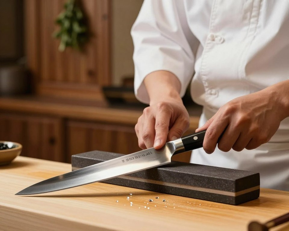 A close-up scene of a skilled chef sharpening a high-quality Sakai Takayuki knife on a traditional whetstone. In the foreground, the shiny blade of the knife glints under soft, warm light, highlighting its detailed craftsmanship and smooth edge. The chef, dressed in a classic white chef's coat, focuses intently on the sharpening technique, showcasing expert hand positioning. In the middle ground, the whetstone is partially visible, alongside small drops of water, emphasizing the sharpening process. The background features a softly blurred, rustic kitchen with wooden cabinets and hanging herbs, creating an authentic, cozy atmosphere. The overall mood is focused and professional, depicting the importance of knife care in culinary excellence.