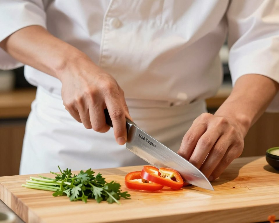 A close-up shot of a skilled home cook expertly using a Sakai Takayuki 240mm Gyuto knife, showcasing precise cutting techniques on a well-organized wooden cutting board. The foreground features the gleaming blade of the knife gliding through fresh vegetables like vibrant bell peppers and green herbs, demonstrating intricate slicing and dicing techniques. The background is softly blurred to highlight the focus on the knife and cutting action, with warm, natural lighting creating a cozy kitchen atmosphere. The cook, dressed in a smart casual outfit, is shown from the side, emphasizing their concentration and skill. The image evokes a sense of artistry and precision in home cooking, inviting viewers to learn and engage.