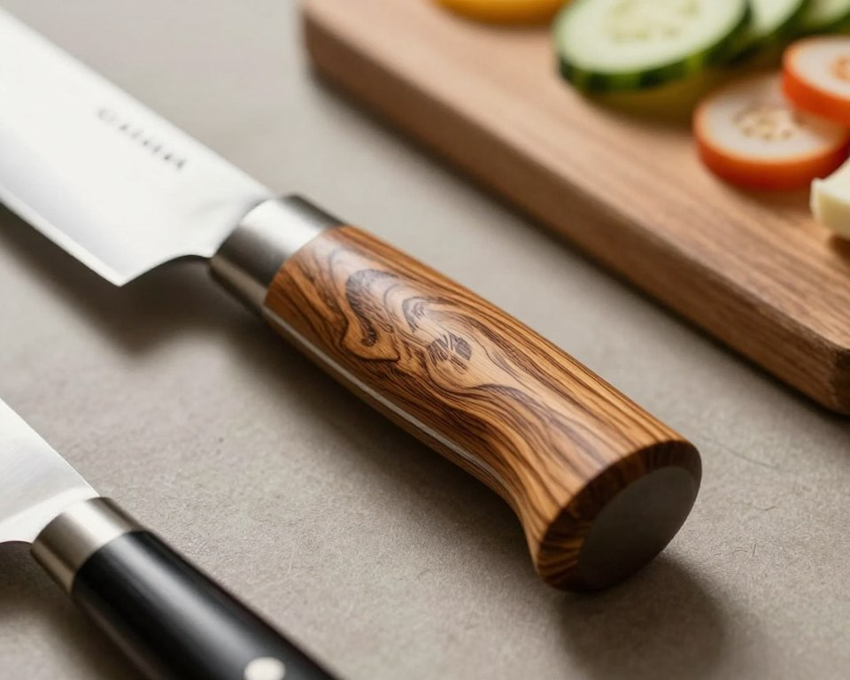 A close-up view of a beautifully crafted Wa-style knife handle, showcasing intricately designed wood grain patterns typical of traditional Japanese craftsmanship. The handle is rounded and slightly tapered, highlighting its ergonomic shape that promotes a comfortable grip. Surrounding the handle, a collection of carefully arranged kitchen tools enhances the context, such as a cutting board and sliced vegetables. Soft, diffused lighting creates a warm and inviting atmosphere, casting gentle shadows that accentuate the textures of the handle. The composition is shot from a slightly oblique angle to emphasize the handle's contours, while a blurred background maintains focus on the knife, evoking a sense of culinary artistry and precision. The overall mood is serene and professional, reflecting the elegance of traditional Japanese culinary tools.