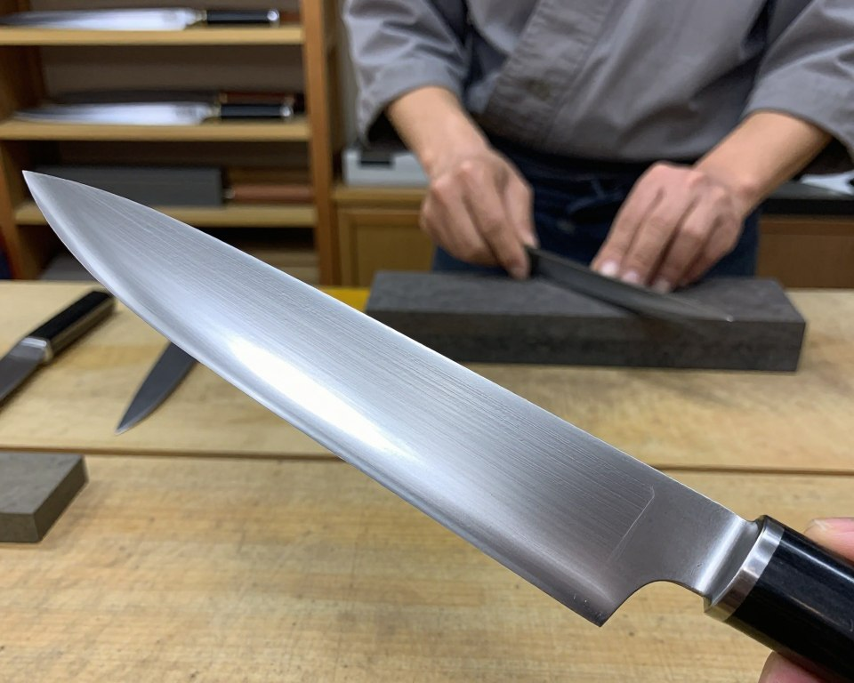 A close-up view of high-quality Japanese steel intended for knife making, showcasing intricate details of the metal surface with visible grain patterns that emphasize its durability and craftsmanship. In the foreground, a traditional Japanese knife blade gleams under soft, natural lighting, highlighting its sharp edge and polished finish. The middle layer features an artisan's hands carefully honing the blade on a whetstone, dressed in modest work attire, symbolizing dedication to the craft. In the background, blurred shelves filled with raw steel and tools evoke a workshop atmosphere, infused with a sense of tradition and quality. The overall mood conveys precision and artistry, emphasizing the importance of Japanese steel in the creation of exceptional knives.