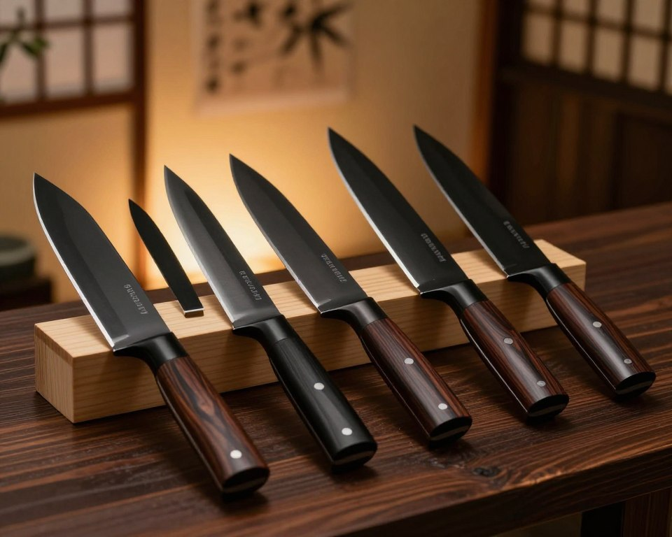 A collection of Sakai Takayuki Black knives displayed elegantly on a dark wooden surface. In the foreground, feature a variety of knife models, highlighting their sleek black blades and beautifully crafted handles made of dark wood with subtle grain patterns. Each knife should reflect expert craftsmanship, showcasing the sharp edges and delicate curves. In the middle, softly illuminated by warm, diffused light, a small Japanese-style knife block enhances the composition, emphasizing the premium feel. The background should be softly blurred with hints of traditional Japanese decor, such as bamboo and subtle rice paper textures. The atmosphere should evoke sophistication and culinary artistry, inviting viewers to appreciate the premium quality and design of these exceptional knives.