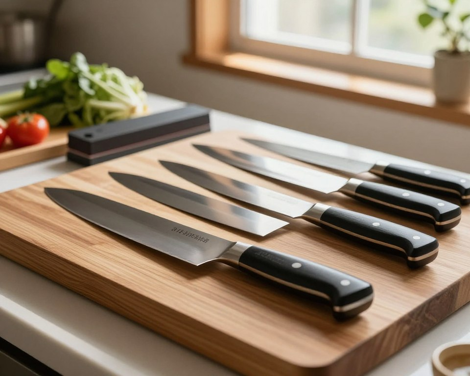 A collection of authentic Sakai Takayuki knives displayed on a polished wooden cutting board in a well-lit kitchen setting. In the foreground, focus on a variety of beautifully crafted knives, showcasing their unique shapes and intricate details, including traditional Japanese designs on the blades. The middle section should feature a few kitchen accessories, like a sharpening stone and a fresh vegetable, emphasizing the functionality of the knives. In the background, soft, natural light filters through a window, casting gentle shadows that enhance the warm tones of the wood and steel. The overall atmosphere is inviting and professional, evoking a sense of craftsmanship and culinary excellence, ideal for home chefs.