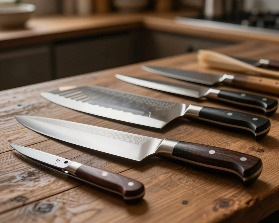 A collection of exquisite handcrafted Sakai Takayuki knives elegantly displayed on a rustic wooden table. In the foreground, a beautifully detailed chef's knife exhibits a polished blade with intricate patterns, reflecting light, while a paring knife with a dark wood handle rests beside it. The middle ground features a soft-focus view of a select few more knives, showcasing their unique designs and craftsmanship. The background contains blurred elements of a serene kitchen setting, with warm, ambient lighting casting gentle shadows that enhance the knives' shine. The mood conveys elegance and sophistication, suggesting a deep appreciation for the artistry and functionality of these Japanese knives, inviting viewers to contemplate their quality and craftsmanship.