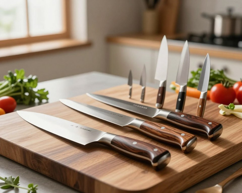 A collection of high-quality Sakai Takayuki chef knives, elegantly displayed on a polished wooden cutting board. In the foreground, focus on the intricate details of the knives' handles, showcasing premium materials like pakkawood and stainless steel with polished finishes. In the middle, position the knives of various sizes, including a gyuto, santoku, and petty knife, arranged aesthetically with a few vibrant, fresh ingredients like herbs and vegetables nearby. In the background, create a warm kitchen atmosphere, featuring soft, natural lighting filtering through a window, casting gentle shadows. Use a shallow depth of field to emphasize the knives while softly blurring the background, evoking a sense of craftsmanship and culinary artistry. The overall mood should be inviting and professional, highlighting the benefits of owning these exceptional knives.