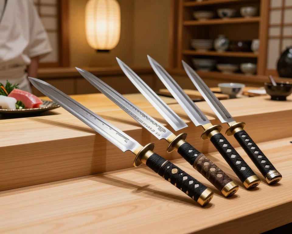 A collection of traditional Japanese blade designs, focusing on intricate katana and chef's knife craftsmanship. In the foreground, feature beautifully crafted blades with ornate hilts, showcasing unique patterns and textures of the steel. The middle ground should display an elegant wooden table, lightly adorned with sushi ingredients such as fresh fish and vegetables, hinting at culinary mastery. The background should be softly blurred, suggesting a traditional Japanese kitchen setting with paper lanterns and wooden shelves filled with ceramic dishes. The lighting is warm and natural, casting subtle shadows that enhance the richness of the materials. The atmosphere is serene and inspiring, inviting chefs to elevate their culinary experience through these exceptional tools.