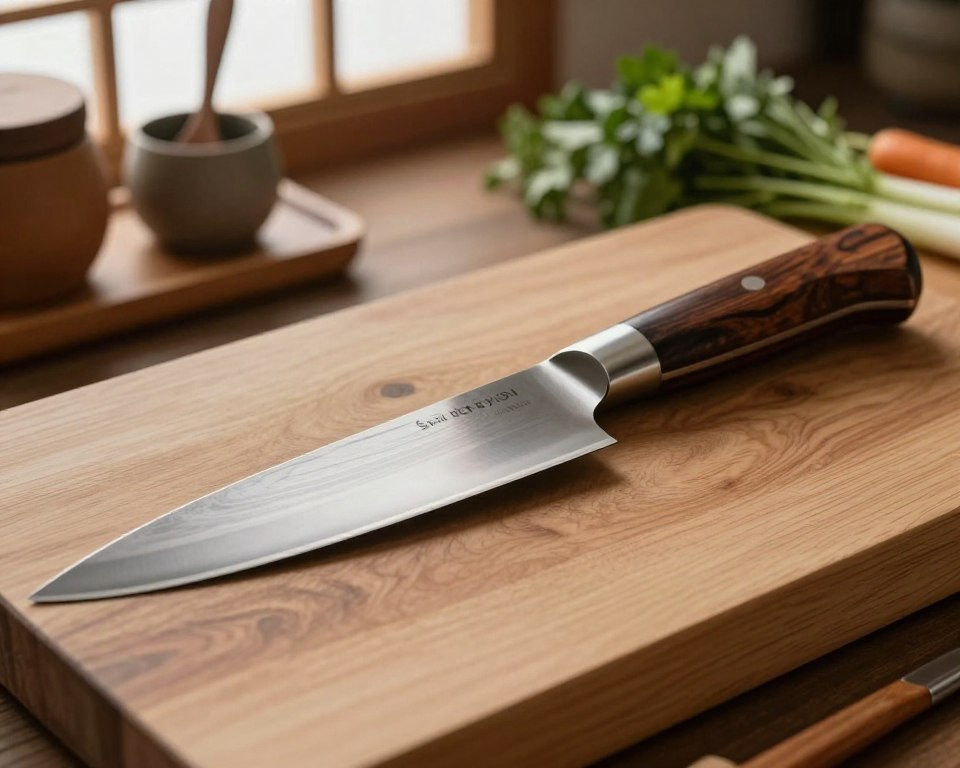 A detailed close-up of a Sakai Takayuki Aogami Gyuto knife resting elegantly on a traditional wooden cutting board. The knife is showcasing its stunning layered steel blade, marked by distinctive patterns and a beautifully polished edge, reflecting light with a soft gleam. The handle is crafted from rich, dark wood, ergonomically shaped for a comfortable grip. In the background, softly blurred kitchen utensils and ingredients like fresh herbs and vegetables create a warm, inviting atmosphere. The lighting is warm and soft, mimicking natural sunlight filtering through a window, enhancing the knife's artistry and craftsmanship. This image captures the essence of Japanese culinary elegance and precision.