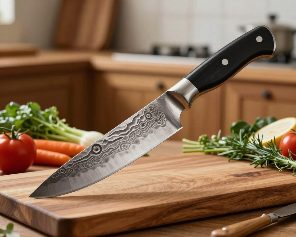 A detailed close-up of a Sakai Takayuki Damascus hammered VG 10 knife, showcasing the intricate wavy blade pattern typical of Damascus steel. The knife is positioned on a wooden cutting board with fresh vegetables and herbs artfully arranged around it, emphasizing its culinary use. Soft, diffused natural light filters in from the side, creating gentle shadows that accentuate the knife's polished surface and fine craftsmanship. The background is softly blurred, featuring a rustic kitchen scene with complementary wooden cabinets and accessories, evoking a warm and inviting atmosphere. The focus is sharp on the knife, conveying a sense of precision and high quality, ideal for illustrating the popularity and excellence of Sakai Takayuki knives.