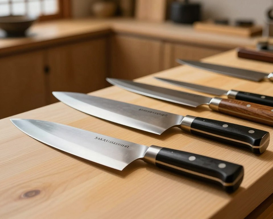 A detailed comparison of Japanese chef knives displayed on a polished wooden cutting board. In the foreground, showcase a Sakai Takayuki Inox Cleaver, distinguished by its sleek, sharp blade and elegant handle, positioned prominently. Surround it with several other traditional Japanese knives, like a Santoku and Gyuto, highlighting their unique shapes and craftsmanship. The middle ground features a blurred backdrop of a traditional Japanese kitchen, enhancing the culinary atmosphere. Soft, natural lighting illuminates the scene, casting gentle shadows to emphasize the blades’ gleam. Use a shallow depth of field for a crisp focus on the knives while softly blurring the kitchen environment. The overall mood conveys an appreciation for fine culinary tools, inviting viewers to explore the artistry and performance of each knife in the comparison.