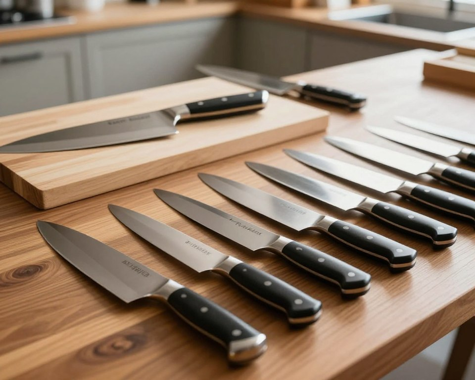 A detailed comparison of Sakai Takayuki knives against other premium brands, arranged on a polished wooden table. In the foreground, showcase a variety of Sakai Takayuki knives, highlighting their sleek, elegant designs and distinctive handles. The middle ground features other well-known knife brands, also displayed on cutting boards, allowing for an inviting side-by-side comparison. Soft, natural lighting illuminates the scene, creating gentle shadows that enhance the craftsmanship of the blades. In the background, a blurred kitchen atmosphere adds context and warmth, suggesting a professional culinary setting. The overall mood is sophisticated and informative, emphasizing the quality and precision of Sakai Takayuki knives in contrast to their competitors. Ensure the image is clean and focused without any text or distractions.