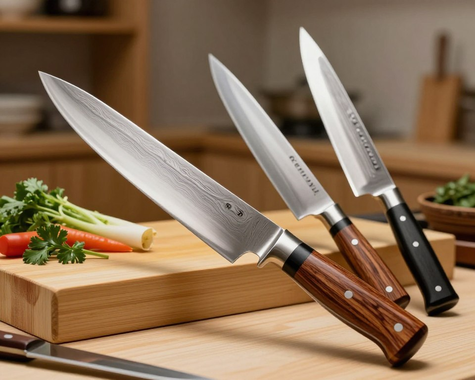 A detailed comparison of the Sakai Takayuki Rinka knife alongside other renowned Sakai knives. In the foreground, feature the Rinka knife prominently, highlighting its elegant Damascus steel blade with intricate patterns and a polished wooden handle. To the right, display another traditional Sakai knife, contrasting in design and size to emphasize variety. The middle ground should include a bamboo cutting board with fresh vegetables and herbs, showcasing the knife's intended use, while soft, warm lighting accentuates the blades' reflections. In the background, a subtle kitchen setting provides context, with blurred elements like a wooden shelf and muted colors to enhance focus on the knives. The atmosphere should be inviting and professional, ideal for culinary enthusiasts.