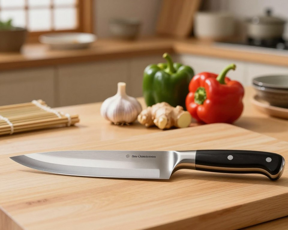 A detailed depiction of the Sakai Takayuki Inox Chuka Bocho 195mm, showcasing its elegant, curved blade with a polished stainless steel finish reflecting light. The knife is centered in the foreground on a natural wood cutting board, highlighting the craftsmanship and sharpness. In the middle ground, a set of fresh vegetables—garlic, ginger, and colorful bell peppers—adds a vibrant contrast, showcasing the knife’s intended use. The background is softly blurred with the warm glow of a well-lit kitchen, featuring traditional Japanese cooking elements like a bamboo mat and ceramic dishes. The atmosphere conveys a sense of authenticity and culinary artistry, with soft, even lighting to enhance the knife’s details without harsh shadows, shot from a slight overhead angle for an inviting perspective.