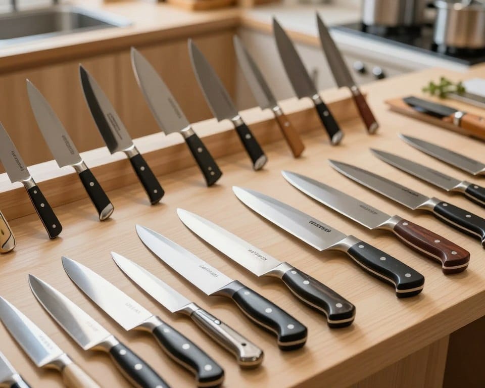 A detailed display of Sakai Takayuki knives arranged for comparison against other high-quality knife brands. In the foreground, showcase a variety of Sakai Takayuki knives, highlighting their distinct designs, polished blades, and intricate handles, with a focus on craftsmanship. The middle ground features competitor knives, such as Shun and Wüsthof, arranged similarly for a direct comparison, illustrating their unique characteristics. The background should be a soft-focus kitchen setting with warm, natural lighting to enhance the atmosphere of a culinary space. Use an overhead angle to capture the entire layout, emphasizing the elegant forms and sharpness of the blades. The mood is professional and inviting, appealing to culinary enthusiasts and knife collectors alike.