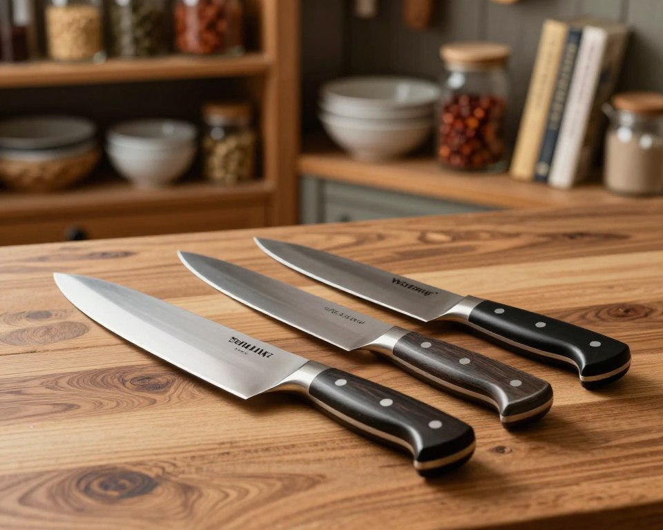 A detailed, side-by-side comparison of premium chef knives on an elegant wooden surface. The foreground features three premium chef knives, each with distinctive handles and blade designs: a Sakai Takayuki Inox knife prominently displayed, next to high-end competitors like a Wüsthof and a Shun knife. The middle ground showcases a rustic kitchen setting with subtle kitchenware to enhance the chef's ambiance. The background consists of soft-focus, warm wooden shelves filled with spices and cookbooks, creating a cozy atmosphere. Use natural, diffused lighting to highlight the gleaming steel of the blades and the rich textures of the wooden surfaces, shot from a slightly elevated angle to provide depth.