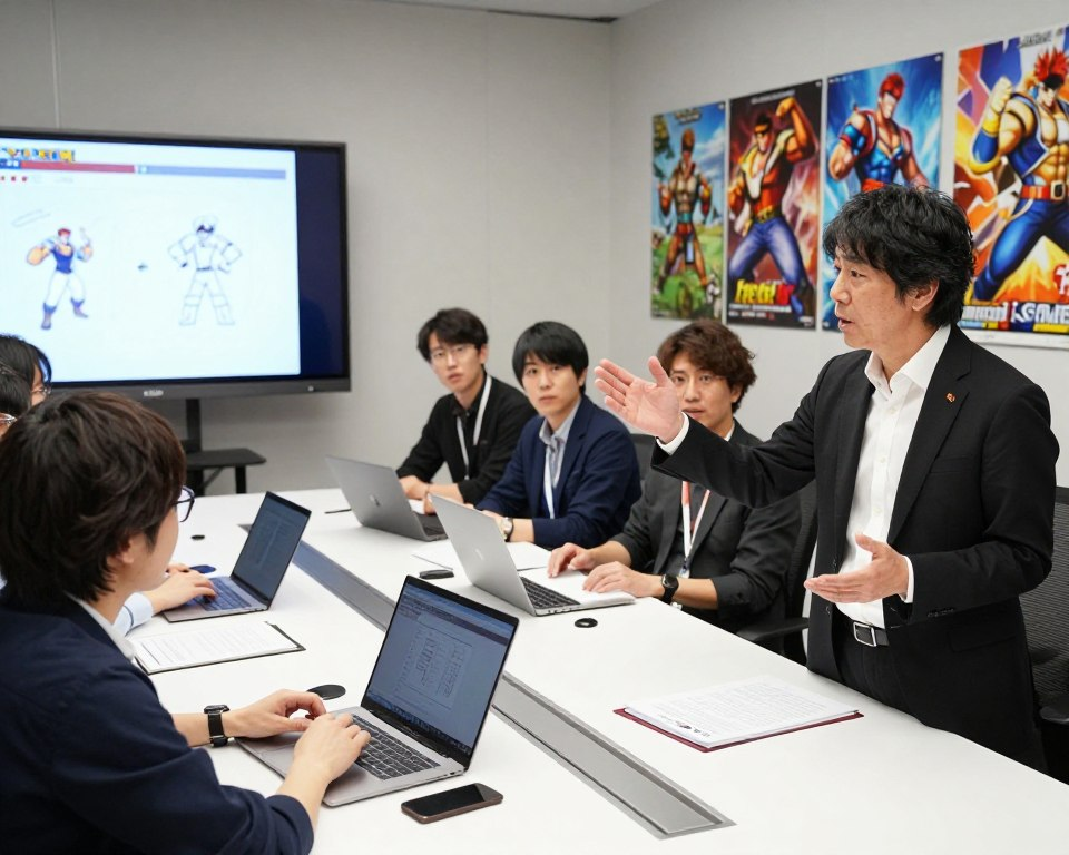 A dynamic and collaborative scene featuring Takayuki Sakai, a middle-aged Japanese man with short black hair, dressed in a professional black jacket and a white shirt, engaged in a brainstorming session with Capcom game developers. In the foreground, Sakai is animatedly discussing ideas, gesturing towards a large digital screen displaying sketches of Street Fighter characters. In the middle, several diverse developers, both men and women, are seated around a sleek conference table with laptops and notepads, focused on the discussion. The background showcases colorful game artwork and posters of Street Fighter characters on the walls. The lighting is bright and inviting, with a modern office atmosphere, capturing a sense of innovation and teamwork in video game development.