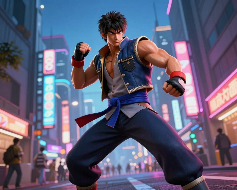 A dynamic illustration of Takayuki Sakai, a charismatic character from Street Fighter, confidently striking a powerful pose in the foreground. He is dressed in a stylish, modern street fighter outfit that reflects both traditional Japanese elements and contemporary flair, featuring intricate details and bold colors. The middle ground showcases the bustling streets of a vibrant city, with neon lights and urban scenery that evoke the energy of competitive gaming. The background fades into a twilight sky, casting an epic glow that highlights the intensity of the moment. Use dramatic lighting to enhance Sakai's features, creating sharp contrasts and a sense of movement. A low-angle shot captures the action and ambition, setting a heroic atmosphere that embodies his influence on the Street Fighter legacy.