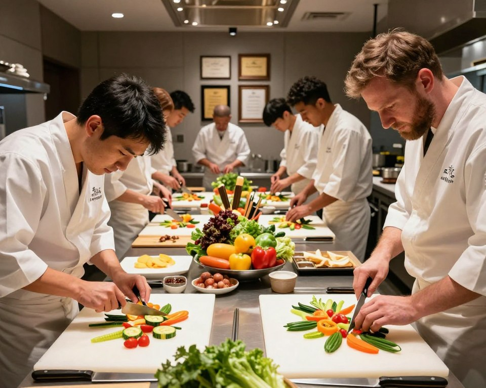 A dynamic scene featuring a diverse group of passionate chefs in a modern kitchen, celebrating their love for Sakai Takayuki knives. In the foreground, two chefs, one Asian and one Caucasian, are skillfully carving colorful vegetables into intricate designs, showcasing their artistry and precision. The middle ground reveals a well-stocked kitchen with various cooking tools and fresh produce displayed enticingly. The background includes a wall adorned with framed culinary awards and certificates. Soft, diffused lighting highlights the chefs' focused expressions and enhances the vibrant colors of the vegetables. The atmosphere is one of creativity and camaraderie, with an inspiring and inviting mood that embodies the culinary spirit. The composition should capture the essence of professional craftsmanship and the joy of cooking.