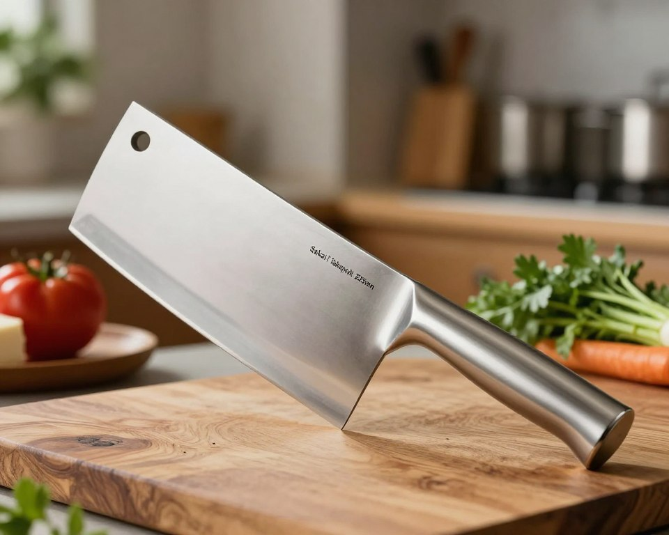 A finely crafted Japanese cleaver, specifically the Sakai Takayuki 225mm Inox model, is positioned prominently in the foreground on a rustic wooden cutting board. The cleaver shines with a polished stainless steel finish, reflecting soft, natural light that highlights its elegant yet powerful blade design. The background features soft-focus images of fresh vegetables and herbs, subtly emphasizing the importance of precision in culinary preparation. A warm, inviting kitchen ambiance conveys a feeling of craftsmanship and culinary passion. The angle captures the cleaver's edge and handle details, accentuating its balance and ergonomic design. The overall mood is one of professionalism and mastery in the kitchen, inspiring confidence in the viewer about the benefits of using such a quality tool.