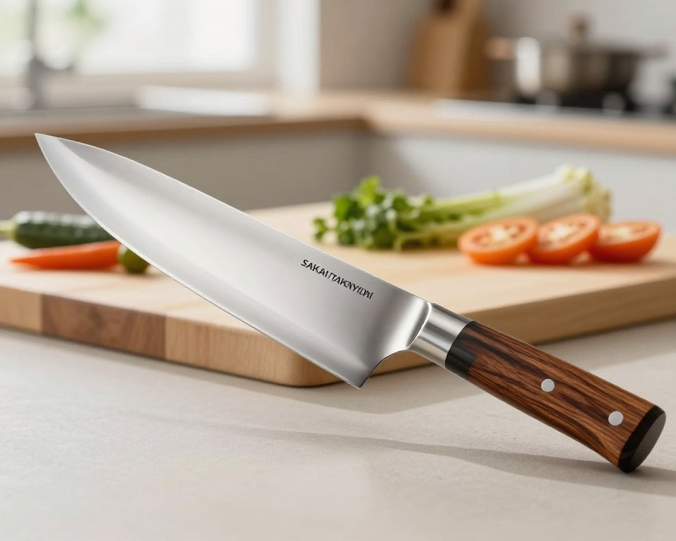 A high carbon stainless steel blade, such as the Sakai Takayuki Inox Gyuto, prominently displayed in the foreground, showcasing its sleek, polished surface and razor-sharp edge. The blade features traditional Japanese craftsmanship with a beautifully detailed handle, made of rich, dark wood, adding warmth to the composition. In the middle ground, a cutting board is laid out, detailed with fresh vegetables, subtly placed to emphasize the blade's usability in culinary settings. The background is softly blurred, suggesting a clean, modern kitchen environment with natural light filtering through a window, creating a warm and inviting atmosphere. The angle captures the blade from a slight overhead perspective, highlighting both its functionality and aesthetic appeal. The overall mood is one of elegance and mastery in the art of cooking.