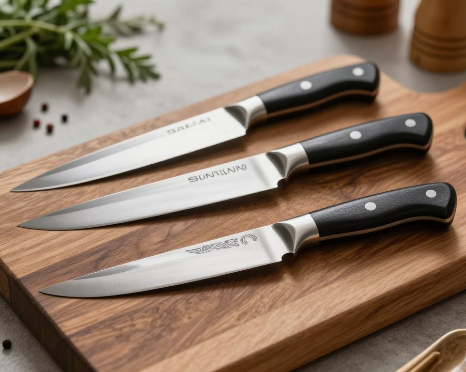 A high carbon steel knife comparison featuring the Sakai Takayuki Byakko White Tiger alongside two other artisanal knives, all displayed prominently on a polished wooden cutting board. In the foreground, the Byakko White Tiger, distinguished by its sleek blade and intricate hand-forged patterns, glimmers under soft, natural lighting. In the middle ground, the other two knives—a classic German chef's knife and a Japanese Santoku—are arranged with their blades facing upwards, emphasizing their artistry and craftsmanship. The background is softly blurred, showcasing a beautifully textured kitchen setting with subtle hints of fresh herbs and spices. The atmosphere is warm and inviting, exuding a sense of culinary excellence and craftsmanship, highlighting the elegance of high-quality knives.