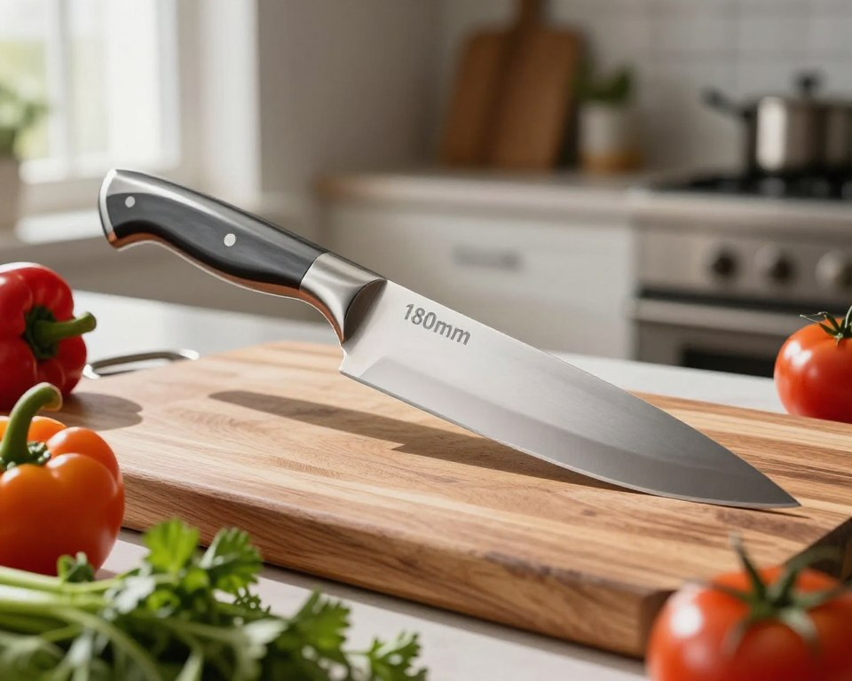 A high carbon steel knife, featuring a sleek, polished blade with a subtle sheen reflecting its superior craftsmanship. The knife is 180mm long, elegantly displayed on a finely textured wooden cutting board, showcasing its sharp edge and distinctive tapered tip. In the foreground, a vibrant array of fresh vegetables—colorful bell peppers, fragrant herbs, and ripe tomatoes—adds a rich contrast to the steel, suggesting versatility in culinary applications. Soft, natural light streams from a nearby window, casting gentle shadows and enhancing the knife's metallic luster. In the background, a blurred kitchen scene evokes a warm, inviting atmosphere, suggesting high-quality culinary tools at work. The overall mood is one of sophistication and functionality, highlighting the knife’s value in culinary arts.