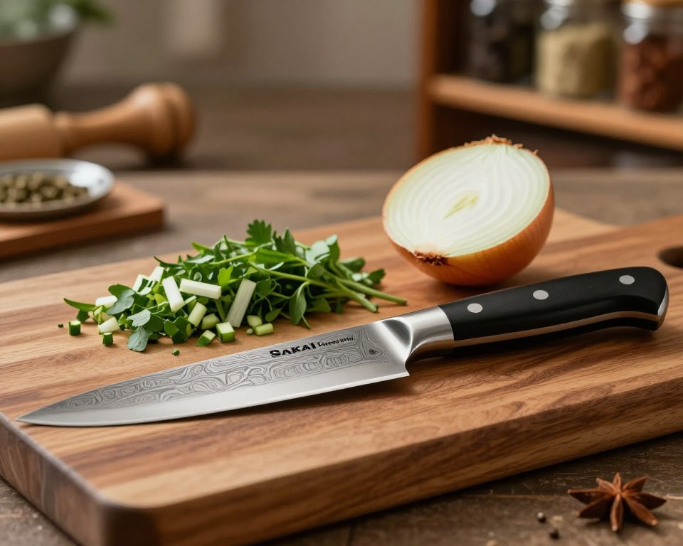 A high-quality chef knife, specifically the Sakai Takayuki Homura Guren Petty, elegantly displayed on a polished wooden cutting board. The foreground features the knife with its stunning Damascus steel blade glistening under soft, diffused lighting, showcasing the intricate patterns and craftsmanship. In the middle ground, finely chopped herbs and a halved onion add vibrant colors, emphasizing the knife's purpose. The background softly blurs, suggesting a warm kitchen environment with subtle hints of wooden utensils and shelves lined with spices. The composition captures a professional, culinary atmosphere, inviting viewers to experience craftsmanship and precision. The lighting is warm and inviting, with a shallow depth of field to focus the attention on the knife, enhancing its elegance and value.