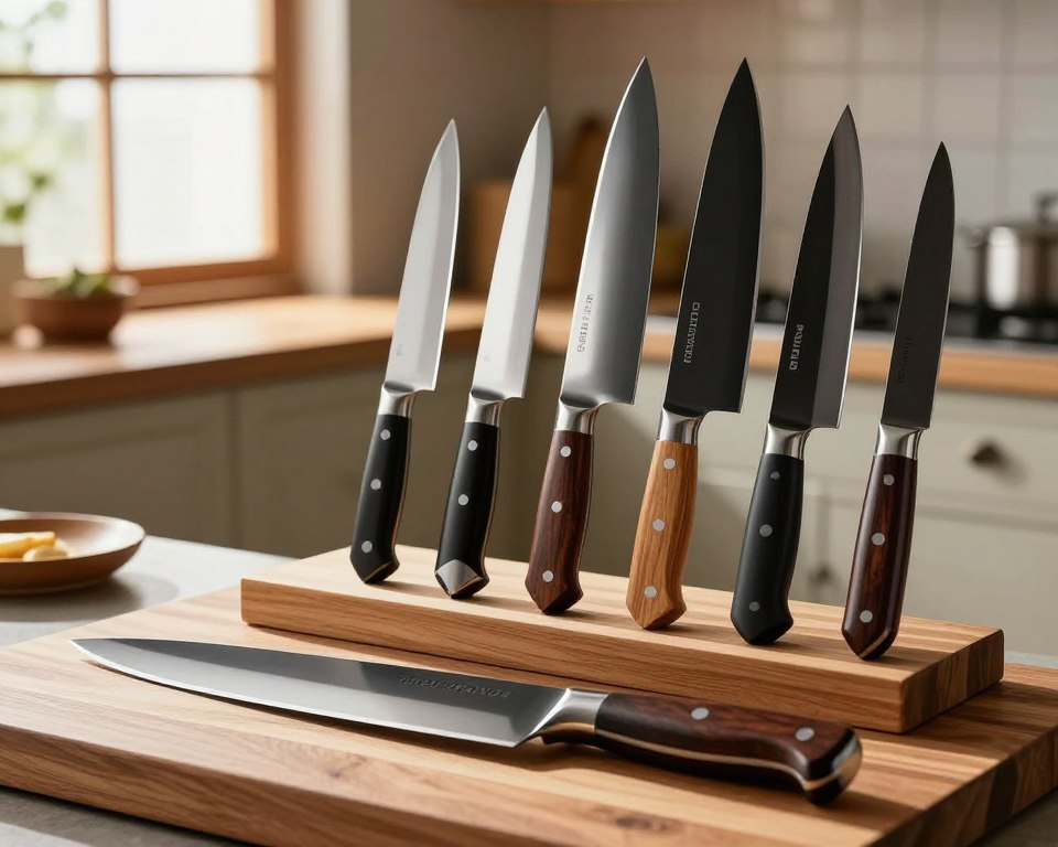 A high-quality comparison image featuring a display of several premium Japanese kitchen knives, prominently showcasing a Sakai Takayuki Black Knife alongside other renowned brands like Shun and Togiharu. In the foreground, emphasize the sleek design, sharp blades, and rich materials of the knives, with a focus on their unique handles made of wood and resin. In the middle ground, arrange the knives on a polished wooden cutting board, reflecting natural light that highlights the glint of the blades. The background should be a soft-focus kitchen environment with warm, inviting lighting, such as sunlight streaming through a window. The overall mood conveys an atmosphere of elegance and craftsmanship, perfect for discerning culinary enthusiasts.